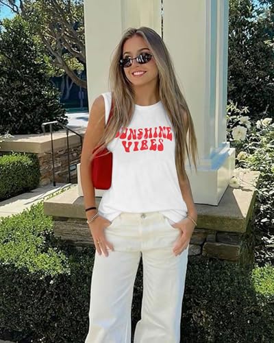 Sunshine Vibes Letter Print Vest T Shirt Women's Summer Sleeveless Graphic Tank Tops Casual Loose Workout Tees 4