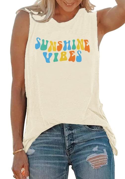 Sunshine Vibes Letter Print Vest T Shirt Women's Summer Sleeveless Graphic Tank Tops Casual Loose Workout Tees 8