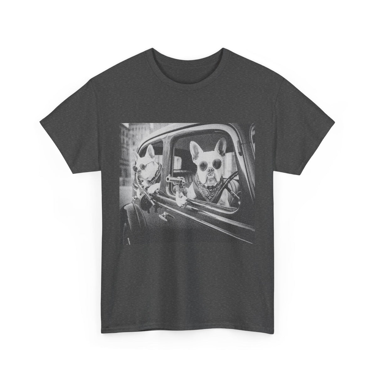Funny French Bulldog T-Shirt | Vintage Gangster Frenchie Tee | Retro Mob Dog Graphic Gift for Men Women Dark Heather