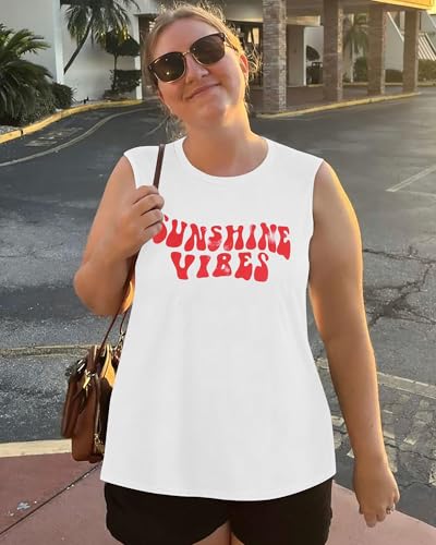 Sunshine Vibes Letter Print Vest T Shirt Women's Summer Sleeveless Graphic Tank Tops Casual Loose Workout Tees 7