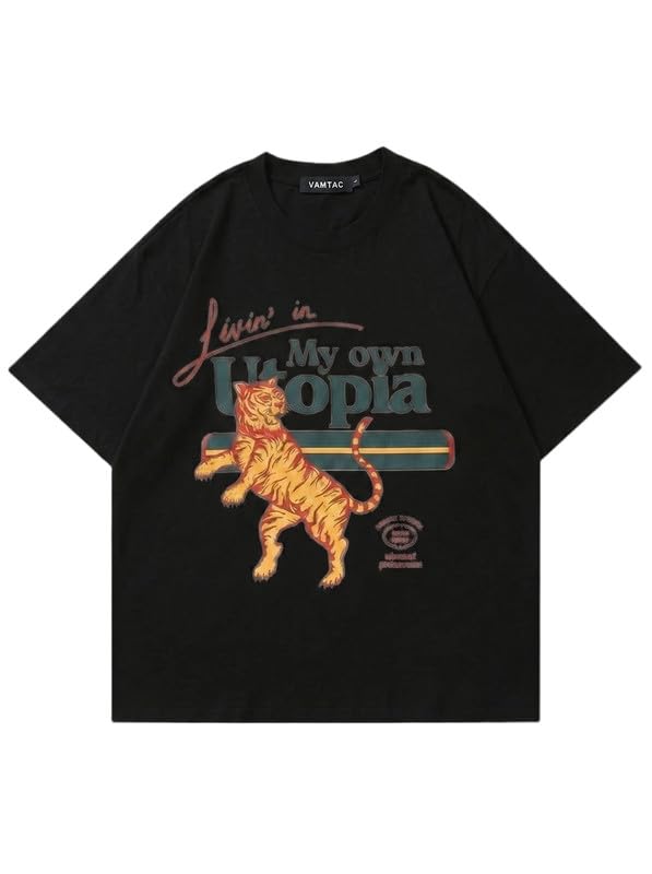 Vamtac Mens T Shirts Y2K Dropped Shoulder Short Sleeve Tiger Graphic Tee