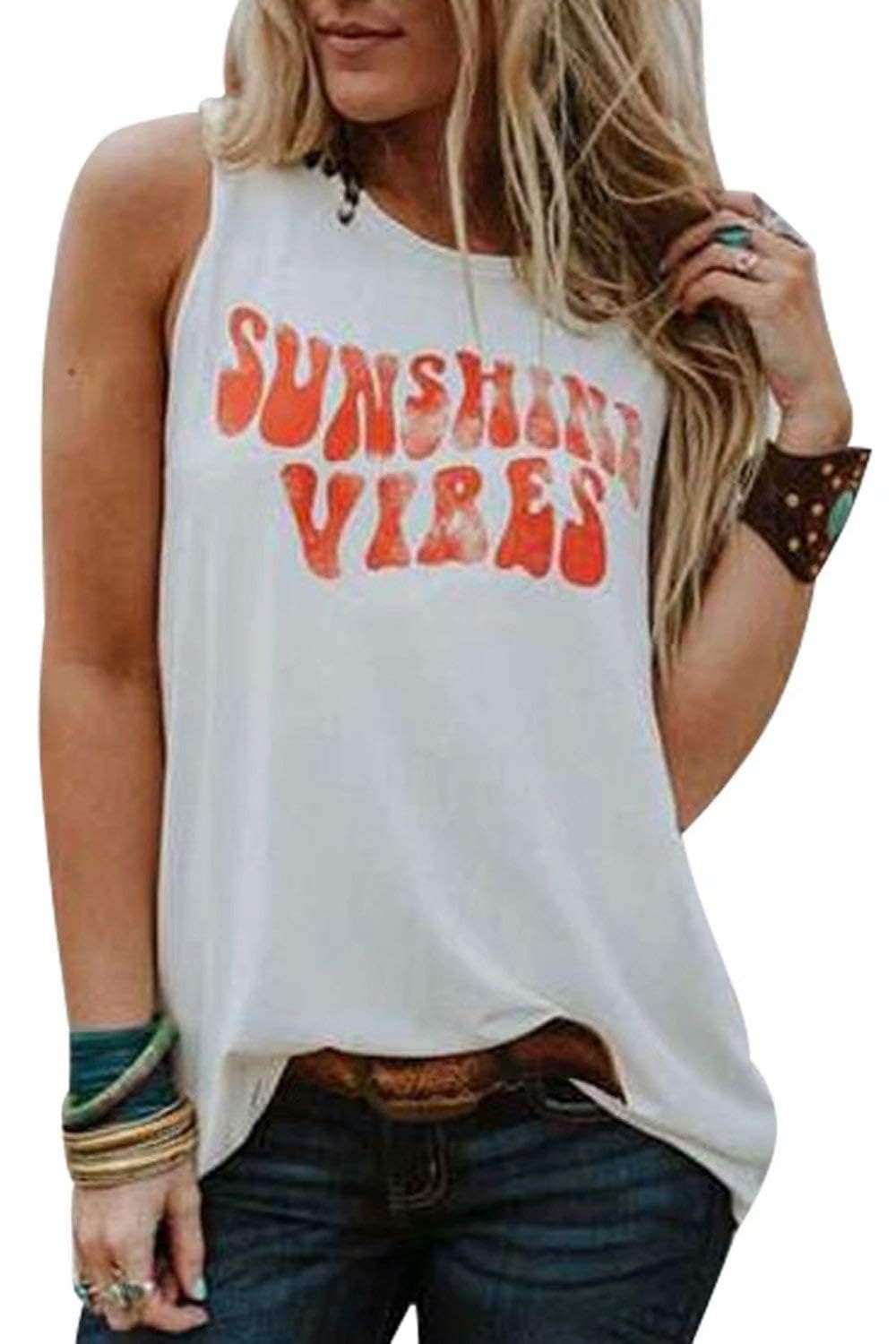 Sunshine Vibes Letter Print Vest T Shirt Women's Summer Sleeveless Graphic Tank Tops Casual Loose Workout Tees