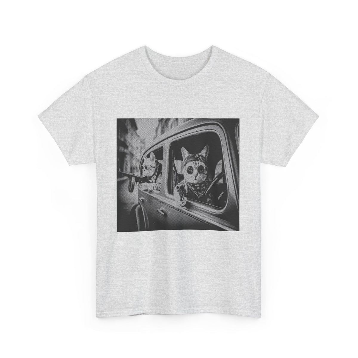Funny Gangster Cat T-Shirt | Vintage Mobster Kitty with Gun Graphic Tee | Retro Mafia Humor Gift for Men & Women Ash