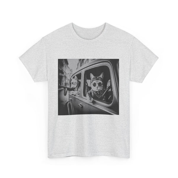Funny Gangster Cat T-Shirt | Vintage Mobster Kitty with Gun Graphic Tee | Retro Mafia Humor Gift for Men & Women Ash